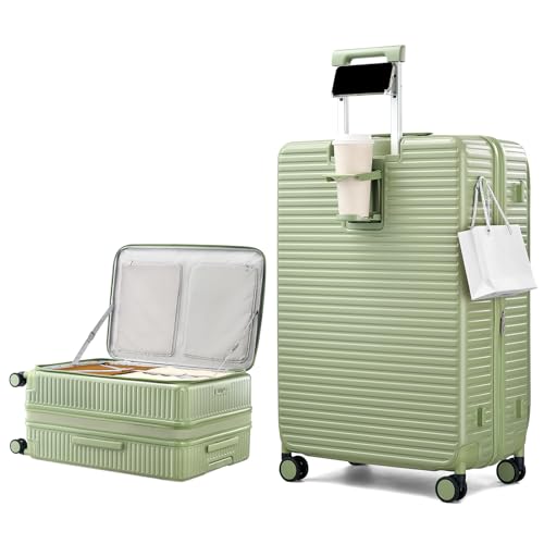 HanTrip Hard Shell Suitcases 28 Inch Large Checked Luggage with Spinner Wheels Cup Holder, Expandable Check in Luggage Lightweight Top Opening Luggage Big Rolling Suitcase with Lock, Bamboo Green - color: Bamboo Green, size: Expandable 28 Inch