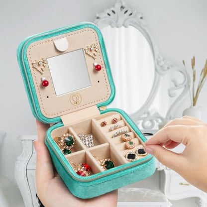 ZPROW Plush Velvet Travel Jewelry Case, Travel Jewelry Organizer, Jewelry Travel Case, Travel Jewelry Box, Small Jewelry Case, Jewelry Travel Box, Earring Organizer with Mirror - CyanBlue - color: Velvet 1 Pack - CyanBlue