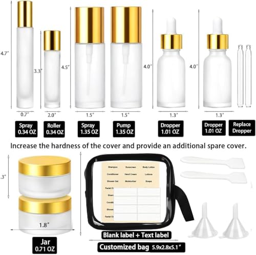 18Pack Glass Travel Bottles for Toiletries, TSA Approved Glass Travel Containers 1.35/0.7/1 oz Golden Small Travel Bottles with Label, BPA Free Leak Proof with Pump Spray Bottles for Makeup, Skincare - color: Golden-frosted glass