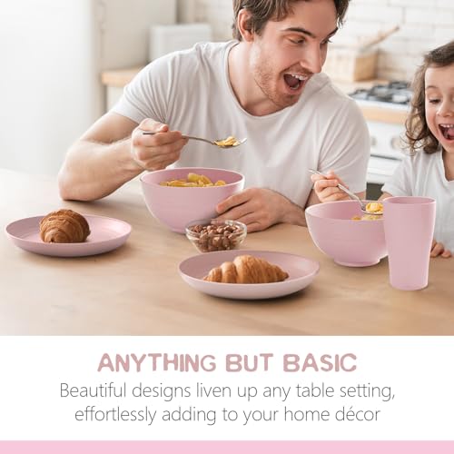 Teivio 32-Piece Kitchen Plastic Wheat Straw Dinnerware Set, Service for 8, Dinner Plates, Dessert Plate, Cereal Bowls, Cups, Unbreakable Colorful Plastic Outdoor Camping Dishes, Pink - color: Pink