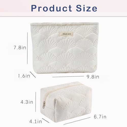 RSRSLEII 2Pcs Quilted Cotton Coquette Makeup bag, Coastal Granddaughter Aesthetic Cosmetic Bag, Cute Seashell Portable Travel Toiletry Pouch (2Pcs White) - color: 2Pcs White