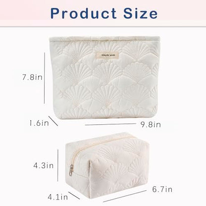 RSRSLEII 2Pcs Quilted Cotton Coquette Makeup bag, Coastal Granddaughter Aesthetic Cosmetic Bag, Cute Seashell Portable Travel Toiletry Pouch (2Pcs White) - color: 2Pcs White