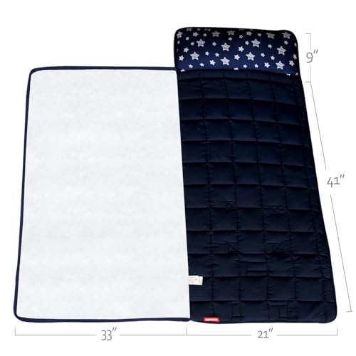 Moonsea Toddler Nap Mat with Pillow and Fleece Minky Blanket Navy, Lightweight and Soft Perfect for Toddlers Preschool, Daycare, Travel Sleeping Bag for Girls, 21" x 50" Fit on a Standard Cot - color: Navy