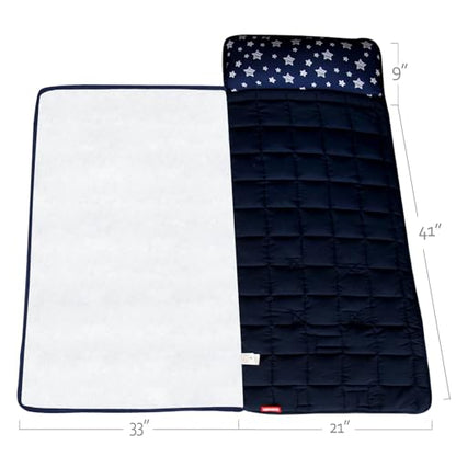 Moonsea Toddler Nap Mat with Pillow and Fleece Minky Blanket Navy, Lightweight and Soft Perfect for Toddlers Preschool, Daycare, Travel Sleeping Bag for Girls, 21" x 50" Fit on a Standard Cot - color: Navy
