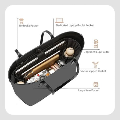 Soft Nylon Purse Organizer Insert for Lv Neverfull MM Tote Bag, Waterproof Lightweight with Laptop Compartment Luxury Neverfull MM Organizer, Tote Handbags Divider Shaper with Cup Holder Insert,Black - color: Black