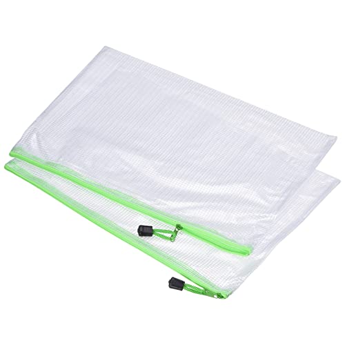 MECCANIXITY Mesh Zipper Bags, A3 Size Plastic Zip File Pouch Document Folders for Home Office Travel, Green Pack of 3 - color: Green