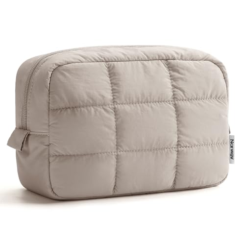 Narwey Quilted Makeup Bag for Women Girl, Puffer Travel Cosmetic Bag Puffy Make Up Bag Organizer, Cute Travel Toiletry Bag for Toiletries (Khaki) - color: Khaki