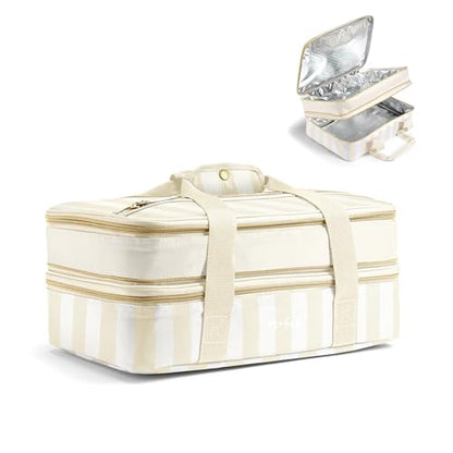 Fit & Fresh Insulated Casserole Carrier - Double Decker Food Carrier Fits Two 9x13 Dishes, Expandable Hot & Cold Food Transport Bag with Zipper Pocket for Potluck, Easter & Travel, Taupe Stripe - color: Pina Colada Stripe