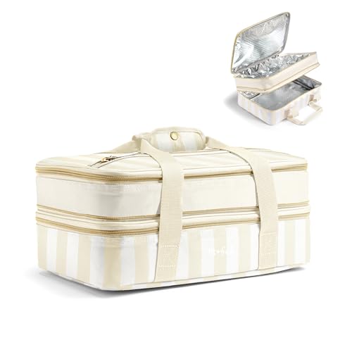 Fit & Fresh Insulated Casserole Carrier - Double Decker Food Carrier Fits Two 9x13 Dishes, Expandable Hot & Cold Food Transport Bag with Zipper Pocket for Potluck, Easter & Travel, Taupe Stripe - color: Pina Colada Stripe