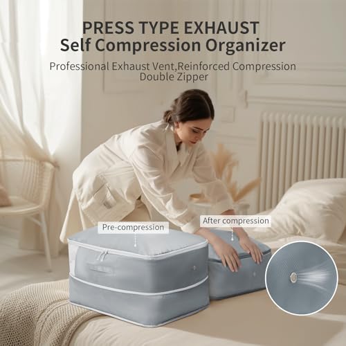 DIMJ Comforter Storage Bag - Large Capacity Ultra Space Saving Self Compression Organize for Duvet, Pillow, Bedding, Blanket Storage Organizer Nylon Compression Bags, Sheet Storage with Zipper, 4 Pack - color: Gray, size: 66L x 4 Pack