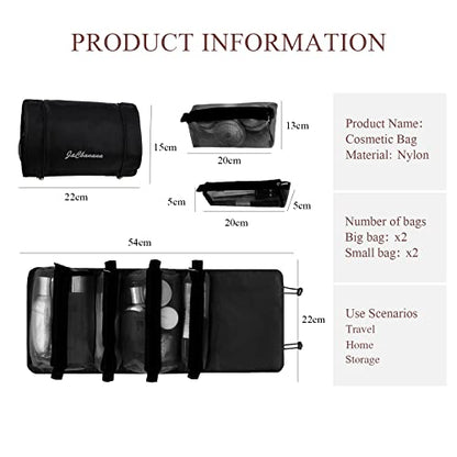 LumiSyne 4 In 1 Detachable Toiletry Bag Hanging Roll-Up Makeup Bag Large Capacity Travel Wash Bag Mesh Cosmetic Bag Portable Foldable Toiletry Bag Waterproof Cosmetic Organizer Bag For Travel Daily - color: Black