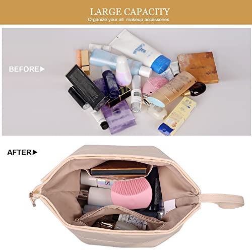 Abiudeng Large Capacity Makeup Bag Ladies Cosmetic Bag Travel Bag with Compartments Portable PU Leather Travel Makeup Bag with Handle - color: White