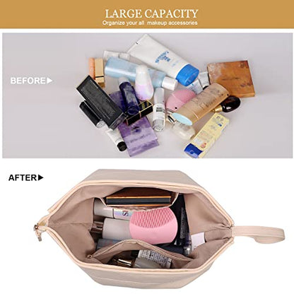 Abiudeng Large Capacity Makeup Bag Ladies Cosmetic Bag Travel Bag with Compartments Portable PU Leather Travel Makeup Bag with Handle - color: White