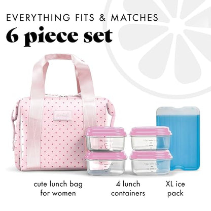 Fit & Fresh Remi Lunch Bag for Women Work – Neoprene Lunch Tote with Containers & Ice Pack, Reusable Meal Prep Lunch Box, Large Capacity, Machine Washable, Tiny Hearts - color: Tiny Hearts