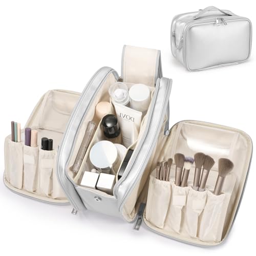 HauteHues Travel Makeup Bag Women's Large Capacity Cosmetic Portable Organizer Large Opening Waterproof Storage Toiletry Bags Vertical Free-Standing Brush Holder for Easy Access Silver - color: Silver