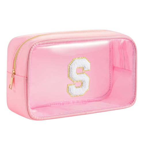 Personalized Initial Clear Makeup Bag Cosmetic Bags Travel Toiletry Bag Essentials Emergency Pouch Gifts for Girls Girlfriend Kids Birthday Graduation Teacher (Pink S) - style: S