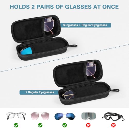 MoKo Double Eyeglass Case, Hard Shell Dual Glasses Case, Travel Sunglass Organizer with Zipper, Eyeglasses Storage Box - color: Black-rectangular