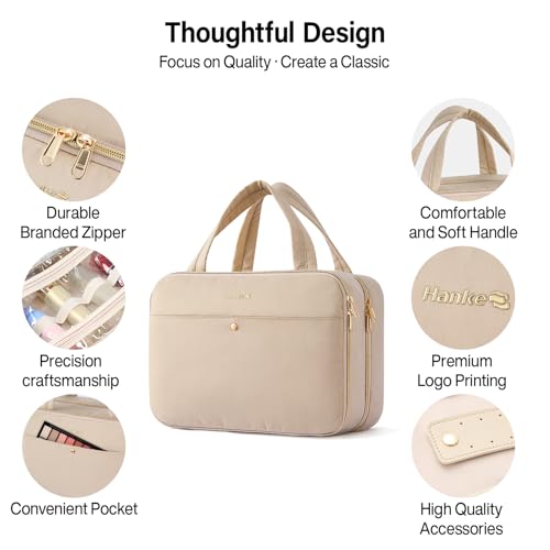 Hanke Hanging Travel Toiletry Bag for Women with Jewelry Organizer Compartment, Travel Essentials Toiletries and Makeup Bag, Water-Resistant & Stain-Resistant with Trolley Strap (Apricot) - color: Apricot