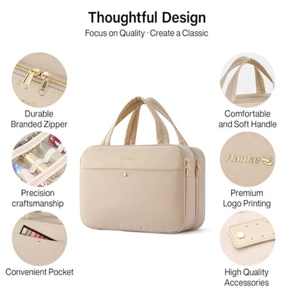 Hanke Hanging Travel Toiletry Bag for Women with Jewelry Organizer Compartment, Travel Essentials Toiletries and Makeup Bag, Water-Resistant & Stain-Resistant with Trolley Strap (Apricot) - color: Apricot