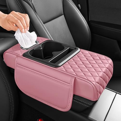 5 in 1 Car Center Console Cover, Armrest Pad with 2 Storage Pockets, Cup Holder, Tissue Slot, Phone Holder, Nappa Leather Memory Foam Car Accessories for SUV Sedan Truck (Pink) - color: Pink