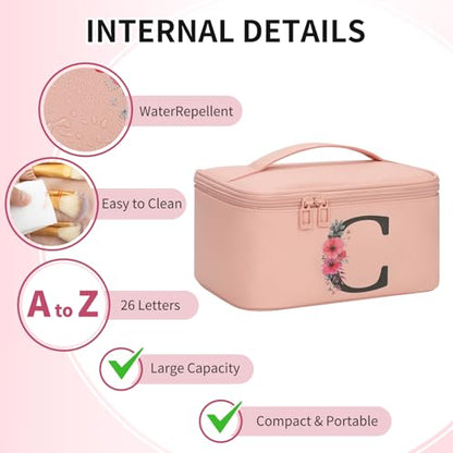 OCHEAL Initial Makeup Bag,Monogram Make up Bag Pink Travel Makeup Organizer Case Beauty Toiletry Cosmetic Bag with Brush Holder, Trendy Stuff Personalized Gifts for Women and Girls-C - color: Pink, style: C