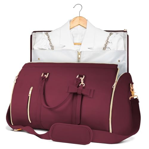 Garment Bags for Travel, Convertible Suit Travel Bag for Women, Stylish Carry On Garment Bag with Toiletry Pocket, Shoulder Strap and Shoes Compartment, 2 in 1 Foldable PU Leather Duffle Bag, Sangria - color: Sangria