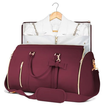 Garment Bags for Travel, Convertible Suit Travel Bag for Women, Stylish Carry On Garment Bag with Toiletry Pocket, Shoulder Strap and Shoes Compartment, 2 in 1 Foldable PU Leather Duffle Bag, Sangria - color: Sangria