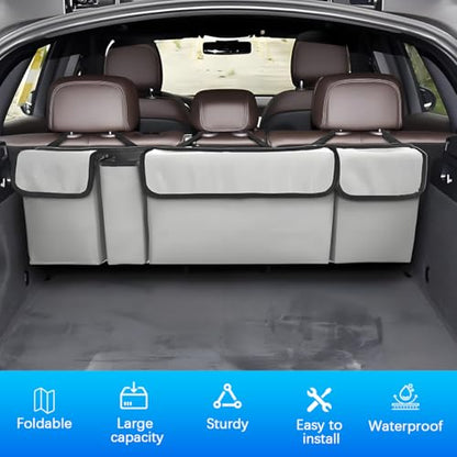 Car Trunk Organizer with Lid, Large Waterproof Vehicle Backseat Hanging Storage Bag with 4 Pockets & Adjustable Straps, Collapsible Automotive Interior Cargo Bag, Universal Fit (White/Grey) - color: White/Grey