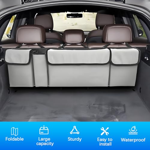 Car Trunk Organizer with Lid, Large Waterproof Vehicle Backseat Hanging Storage Bag with 4 Pockets & Adjustable Straps, Collapsible Automotive Interior Cargo Bag, Universal Fit (White/Grey) - color: White/Grey