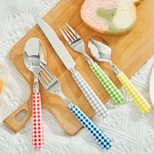 ANNOVA Silverware Set Stainless Steel Colorful Tableware Kitchen Flatware Set Utensils, Includes Dinner Knives, Forks, Spoons, Salad Forks & Dessert Spoons (Mix/Checkered, 20 Pieces) - color: Mix 02