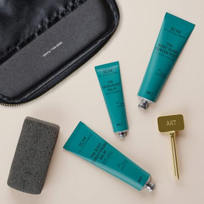 AKT The Ensemble Body Care 6-Piece Gift Set: Deodorant Balm 50ml, Body Wash Concentrate 100ml, Body Conditioning Balm 100ml, Tube Squeezer, Shower Sponge, 04 Halcyon Summers Scent, Travel Essentials