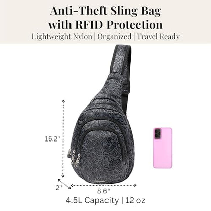 Baggallini Securtex® Anti-Theft Multi Zip Sling - Lightweight 8.6"x15.2" Travel Bag with Locking Zippers & RFID Protection - color: Midnight Blossom
