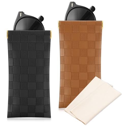 Sightor Sunglasses Case, 2 Pcs Soft Eyeglass Cases Checkered Sunglass Case Portable Squeeze Top Leather Glasses Pouch - color: Black, Brown