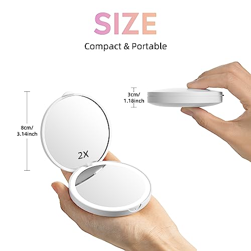 Led Travel Makeup Mirror 1x/2x Magnifying Compact Mirror with Light USB Rechargeable Small Pocket Mirror Dimmable Portable Makeup Mirror for Handbags Purses Pockets Gifts for Girls White