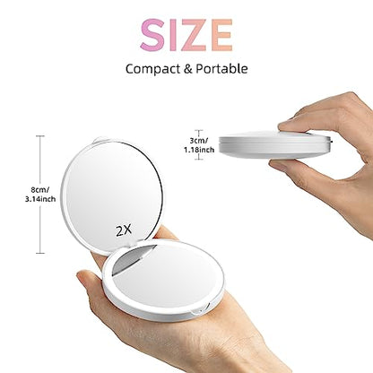 Led Travel Makeup Mirror 1x/2x Magnifying Compact Mirror with Light USB Rechargeable Small Pocket Mirror Dimmable Portable Makeup Mirror for Handbags Purses Pockets Gifts for Girls White