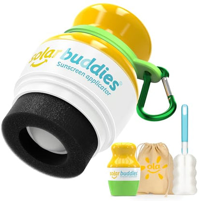 Solar Buddies Grab & Go Travel Bundle, Carabina Clip & Cleaning Brush - Single Green - Refillable Roll on Sponge Sunscreen, Suncream & Lotion Applicator For Kids, Adults & Families - Holds 100ml - color: Green Single
