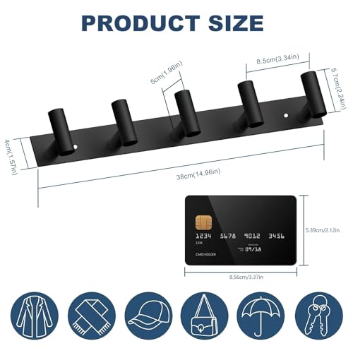 VAEHOLD Black Hat and Coat Wall Mount Rack 5 Hooks for Robes, Bags, Keys, and Towels Bathroom Towel Hanger Organizer (1 Pack) - color: Black, size: “T“ Shape 5 Hooks 1 Pack