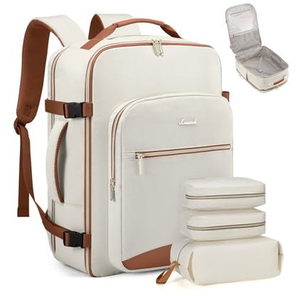 LOVEVOOK Travel Backpack for Women & Men 40L,Airline Approved Carry On Backpack Travel Essentials,TSA Carry on Luggage,Waterproof Personal Item Travel Bag,Suitcase with 3 Packing Cubes,Beige-Brown - color: Beige-brown, size: Large-40L-4Pcs