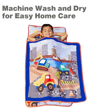 EVERYDAY KIDS Toddler Nap Mat with Removable Pillow -Under Construction- Carry Handle with Fastening Straps Closure, Rollup Design, Soft Microfiber for Preschool, Daycare, Sleeping Bag -Ages 2-6 years - color: Under Construction