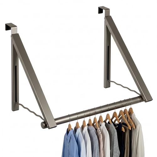 HOLDN’ STORAGE Over The Door Hanger - Foldable Rack Organizer for Hanging Clothes, Coats & Towels, Ideal for Dorm Rooms, Laundry, Bathrooms, Etc - Holds up to 35 LBs, Collapsible - Satin Nickel - color: Satin Nickel