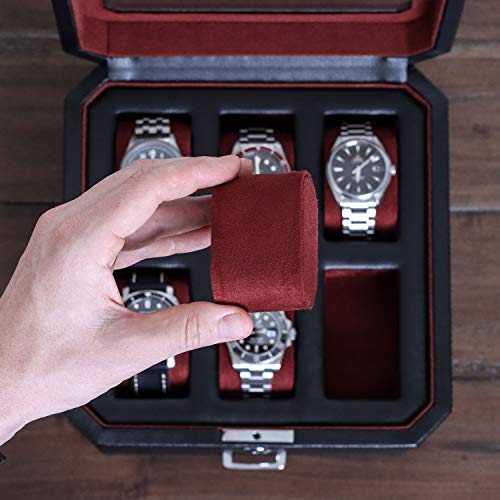 ROTHWELL 6 Slot Leather Watch Box with Valet Drawer - Luxury Watch Case Display Organizer, Microsuede Liner, Locking Mens Jewelry Watches Holder, Men's Storage Boxes Holder Large Glass Top (Black/Red) - color: 6 Slot - Black / Red