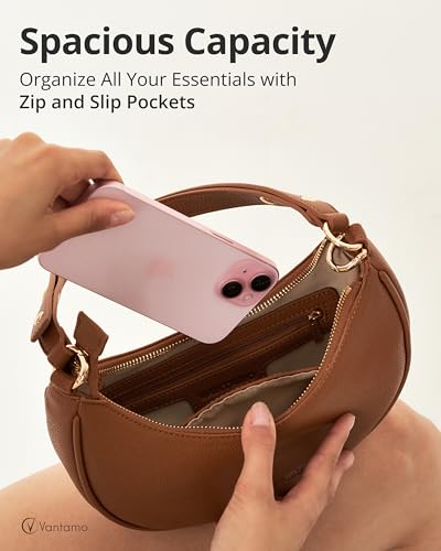 Vantamo Crescent Bags For Women with RFID Protection, Half Moon Clutch Purses for Women with Anti-Theft Clip for Extra Safety - color: Sienna