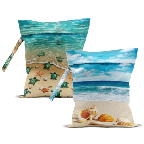 2Pcs Wet Bag, Wet Dry Bag Reusable with Zipper, Travel, Beach, Pool, Diapers, Baby Clothes, Dirty Yoga Gym Clothes, Makeup Bag, Waterproof Wetdry Packing, Seashell Sea Turtle Decor (12x10 Inch) - color: Multicolor 1461