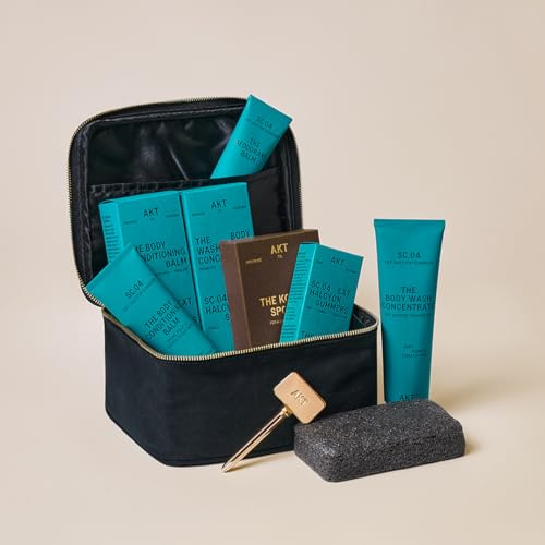 AKT The Ensemble Body Care 6-Piece Gift Set: Deodorant Balm 50ml, Body Wash Concentrate 100ml, Body Conditioning Balm 100ml, Tube Squeezer, Shower Sponge, 04 Halcyon Summers Scent, Travel Essentials