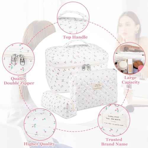 Gosect Large Makeup Bag Set, Quilted Makeup Bag, Floral Cosmetic Bag for Women, Cute Cotton Makeup Bags, Flower Travel Toiletry Organizer Bag (white) - color: BYT