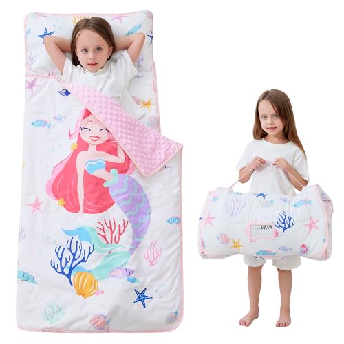 Lasoftan Toddler Nap Mat with Pillow and Blanket, Extra Large Rolled Napping Mats,Slumber Bags for Boys Girls,Kids Sleeping Bag for Daycare, Preschool Travel Camping - color: White Mermaid