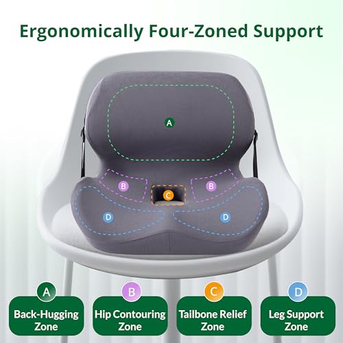 One-Piece Memory Foam Seat & Back Cushion - Lumbar Support, Adjustable Strap, Non-Slip Bottom - Breathable Removable Cover for Office Chair, Car, Truck (Grey) - color: Grey