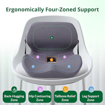 One-Piece Memory Foam Seat & Back Cushion - Lumbar Support, Adjustable Strap, Non-Slip Bottom - Breathable Removable Cover for Office Chair, Car, Truck (Grey) - color: Grey