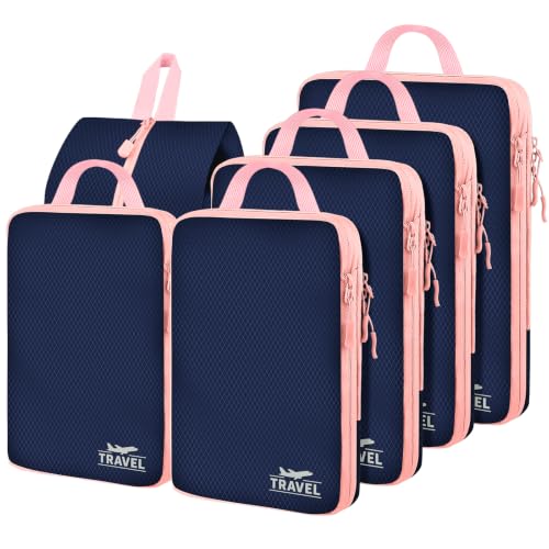 6 Set Compression Packing Cubes, Suitcase Organizer, Lightweight Travel Essentials, Compression Bags For Travel Accessories Luggage Storage Set (6Pcs, Navy blue) - color: Navy blue-6pcs, size: Set of 6