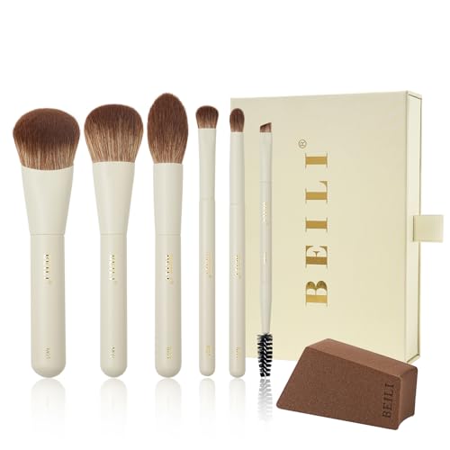 BEILI Mini 6Pcs Makeup Brush Set – Elegant Off White, Professional Travel Brushes for Foundation, Contour, Highlighter & Blending, with Sponge and Gift Box - color: Off White